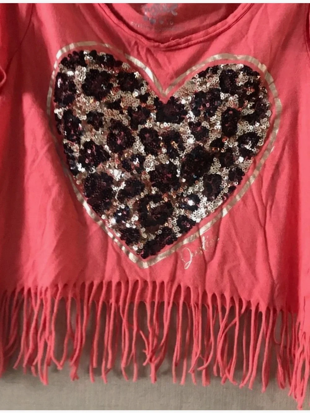 Justice Coral Fringe Tee with Leopard Sequin Heart Patch